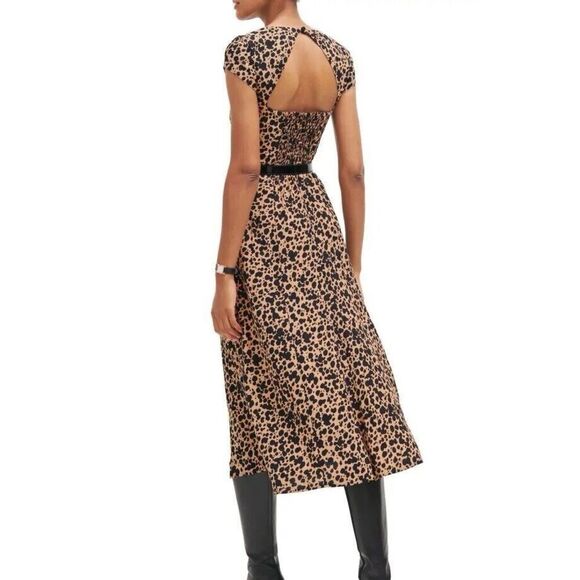 Reformation Elton Midi Dress Womens Size 0 Leopard Print Cutout Short Sleeve - Picture 2 of 8